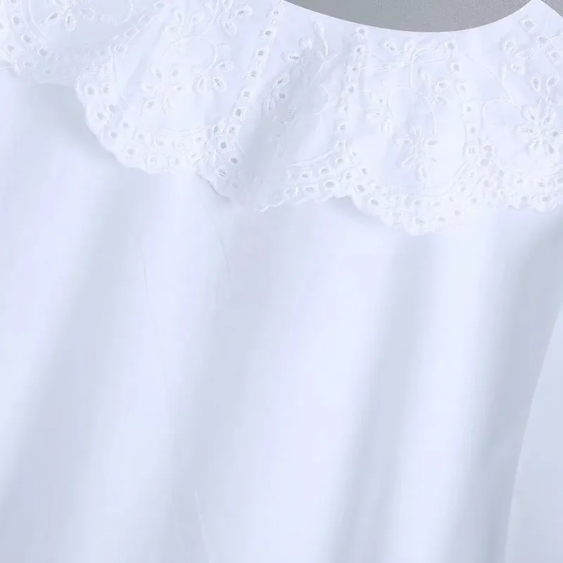 女性刺繍スプライシングホワイトティアードフリルミニドレス女性Vネックランタンスリーブ服カジュアルレディースルーズヴェスティドD7391 210430