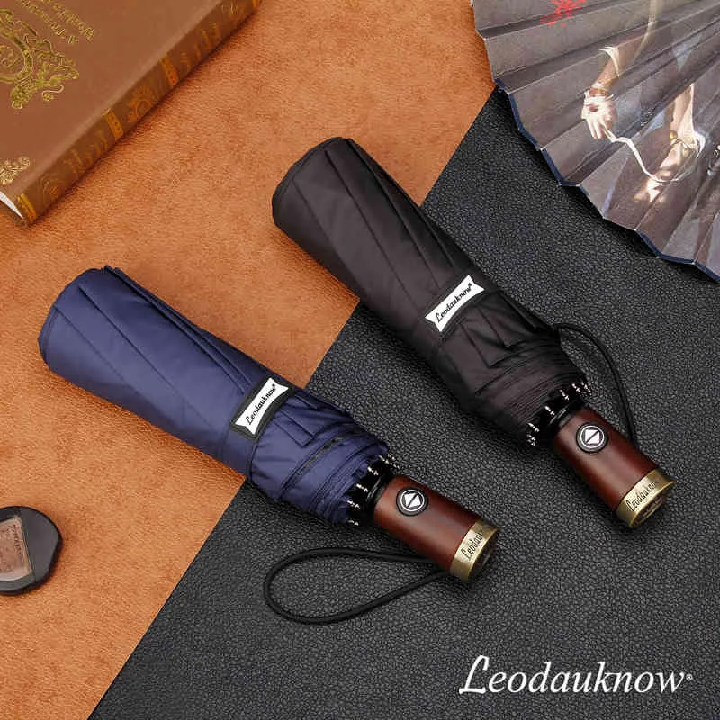 Leodauknow Business完全自動3つの折りたたみ式の風に覆われた無垢材のハンドルと金属製の男性Sサニーと雨の傘210320
