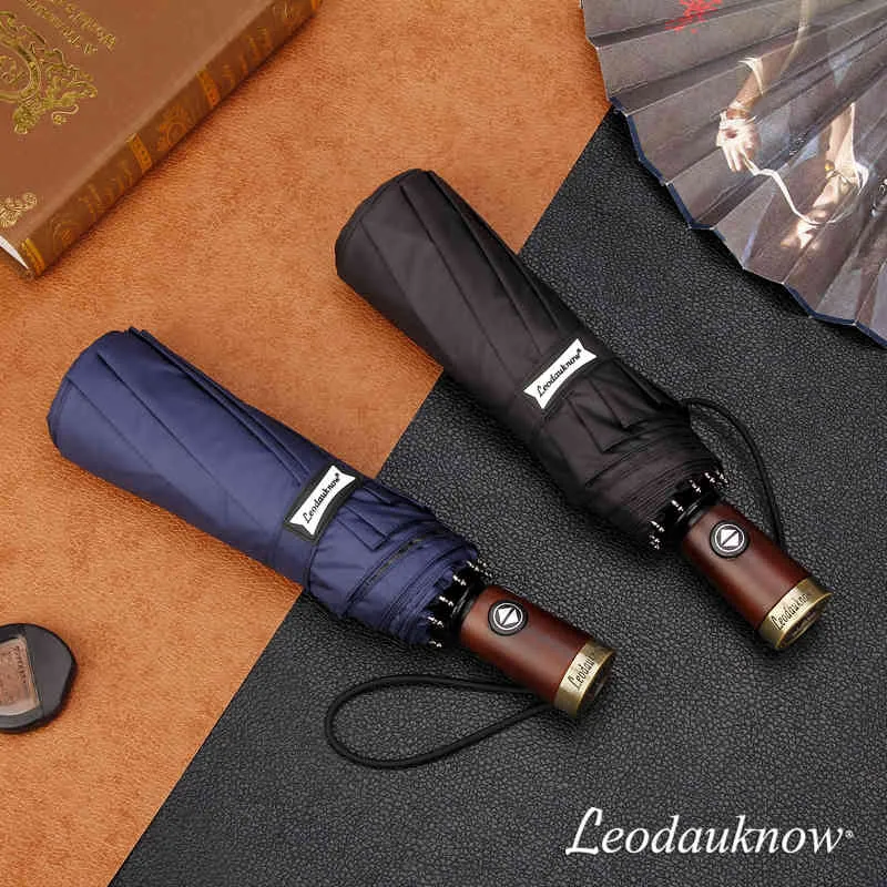 Leodauknow Business Fully Automatic Three Folding Windproof Solid Wood Handle With Metal Men s Sunny And Rainy Umbrella 210320