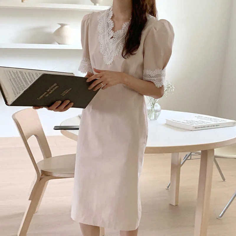 Korejpaa Frauen Kleid Koreanische Chic Einfache Elegante V-ausschnitt Spitze Hit-and-match Krawatte mit Taille-hohe Blase hülse Vestido 210526