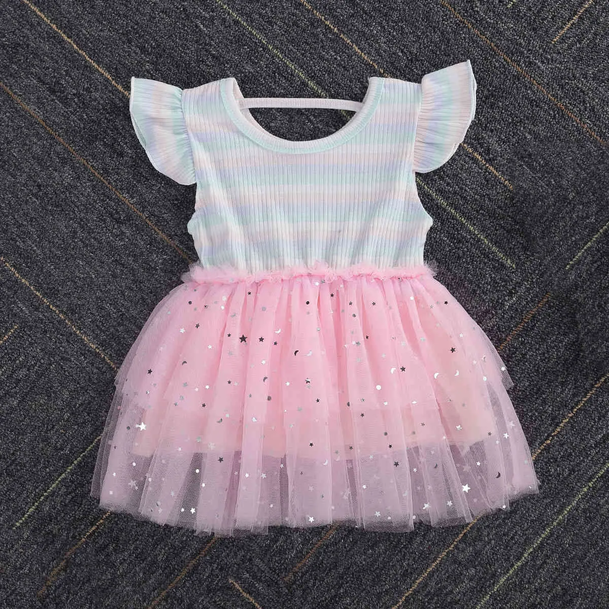 6m-5Y Summer Born Maller Baby Kid Girl Dress Rainbow Striped Raffle Star Cekiny Tulle Tutu na urodziny 210515