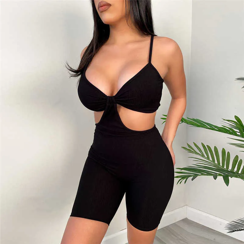 Femmes Sexy Streetwear Sans Manches Moulante Solide Bandage Fitness Sexy Combinaisons Barboteuse Combishorts Salopette 210604