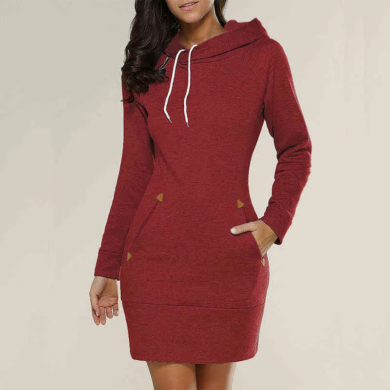 Jesień Bluzy Bluza Elegancki Z Długim Rękaw Kieszonkowy Sportswear Kobiety Długie Kapturem Biuro Lady Solid Color Slim Party Mini Dress Y1204