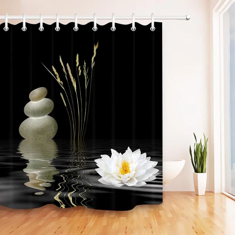 Cortina de ducha de piedra Zen con reflejo de flor de loto asiático en el agua, tela de poliéster impermeable para baño, decoración de bañera, Curtai256D