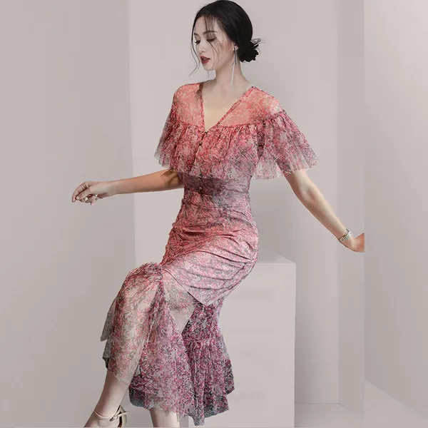 Projektant mody Vintage Elegancki Drukuj Kwiat Ruffles Mermaid Party Dresses Office Ol Bodycon Szyfonowa Sukienka Szaty 210518