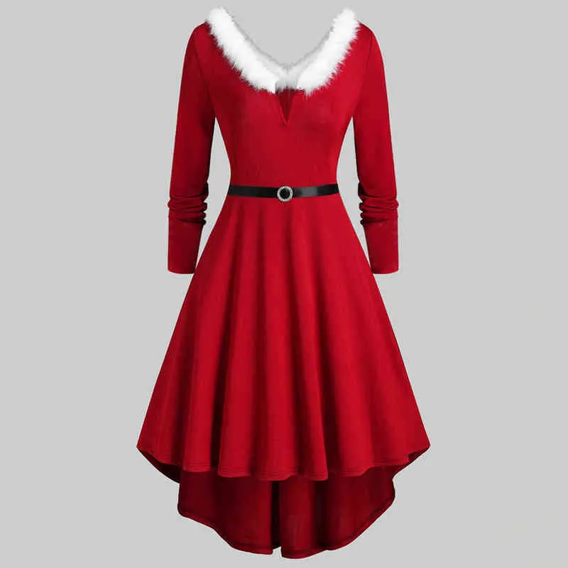 Christmas Dresses Faux Plush Dress Streetwear Women V-Neck Long Sleeve Sexy Big Swing Party Dress Female Oversize Midi Dress Y1204