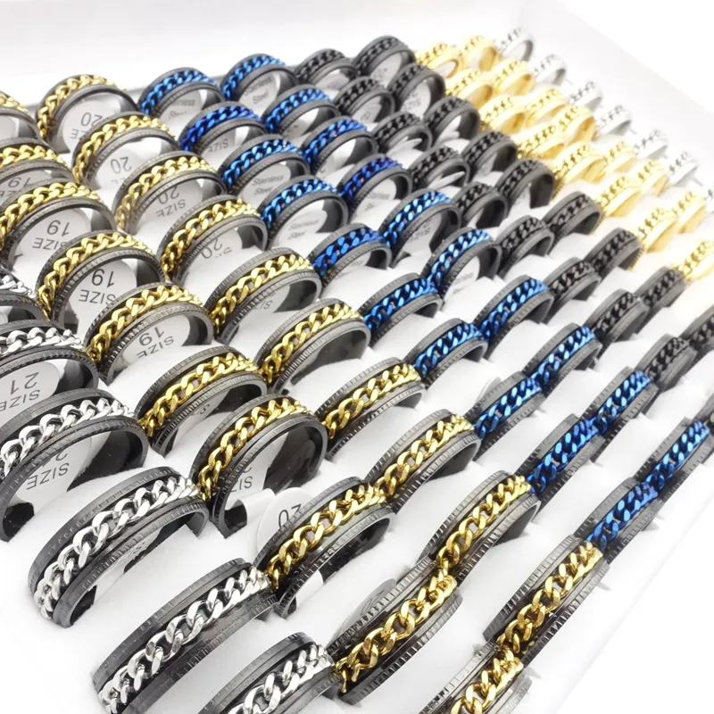 Whole Stainless Steel Spin Band Rings Rotatable 316L Titanium Chains Spinner Opener Fashion Jewelry Party Favor Gift2747