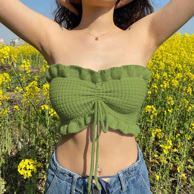 Sexy Ruched Tube Tops Women Knitted Strapless Backless Crop Top Summer Drawstring Club Wear Y2K Purple Green Kawaii Clothes 210517