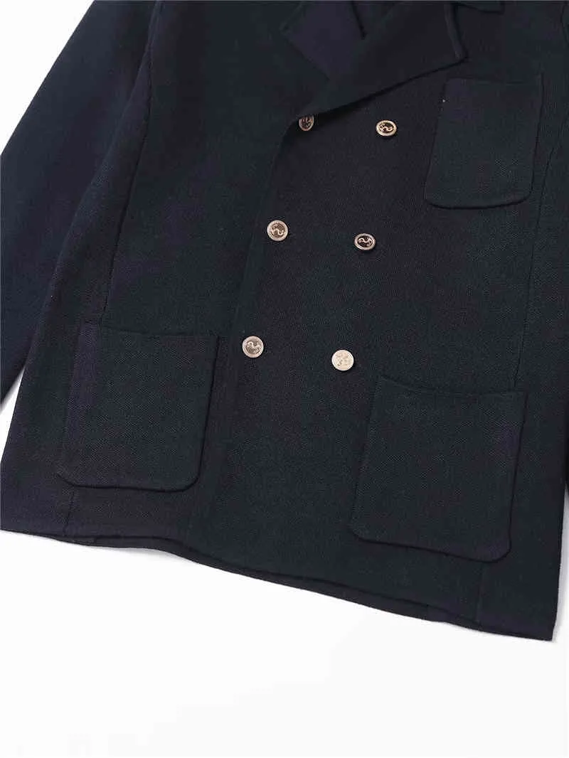 우아한 여성 노치 칼라 블레이저 패션 숙녀 격자 무늬 니트 코트 Preppy 스타일 여성 세련된 더블 브레스트 재킷 210427