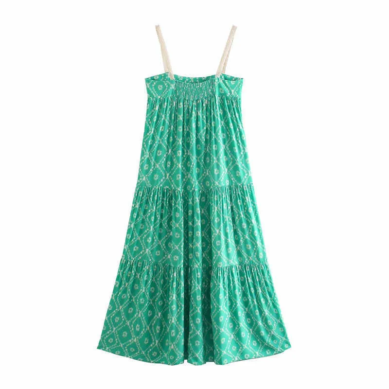 Za Print Pleated Long Summer Dress Women Sleeveless Straps Vintage Green Party Dress Fashion Smocked Elastic Backless Dress 210602