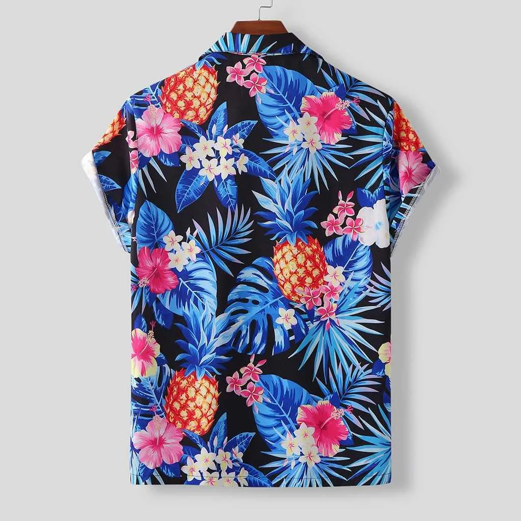Гавайская рубашка Мужская беседка для ананаса напечатанный нагрудный карман свободного света повседневная короткая рукава пляжные рубашки 210527