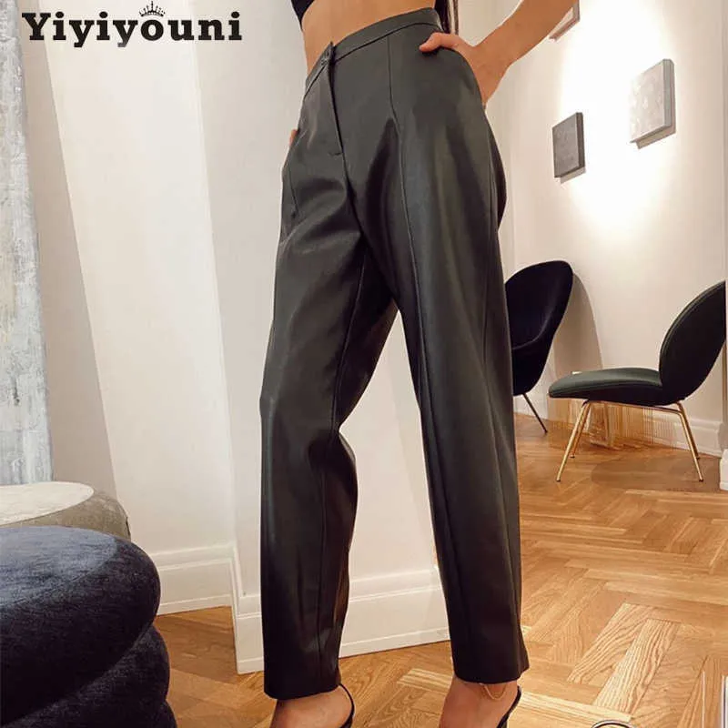 Yiyiyouni Hohe Taille PU Leder Hosen Frauen Casual Zipper-Up Gerade Hosen Schwarz Weiß Taschen Weibliche 210925