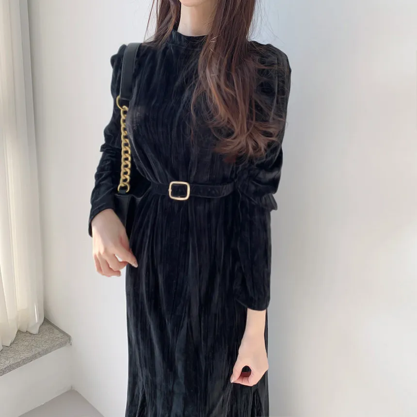 Vintage Elegant O-neck Women Velvet Dress Full Sleeve Belted Slim Waist Female Meimaid Spring Fashion Vestidos 210518