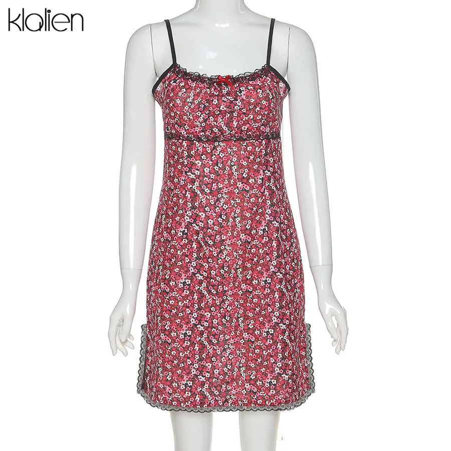 KLALIEN donna estate boho mini abito cinturino rosso moda donna carino dolce stile college kawaii slim morbido abito floreale nuovo 210322