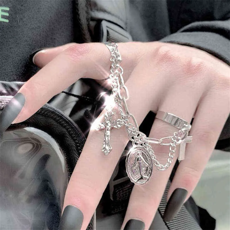 Anillos de cadena de dedo de Cruz Punk para mujer, conjunto de anillos con borla y mariposa, anillos cruzados, joyería de moda para mujer, joyería de hip hop G1125