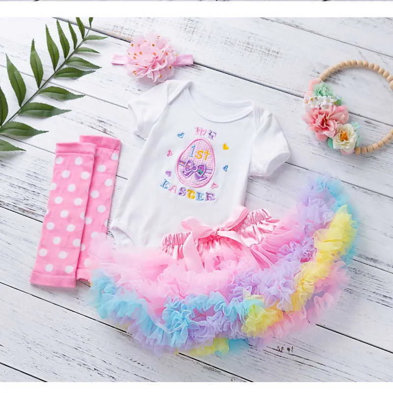 Sommar påsk Baby Girls 3-PCs Set Egg T-shirt + Tutu kjol Socks Outfits Barn Jumpsuit E020 210610