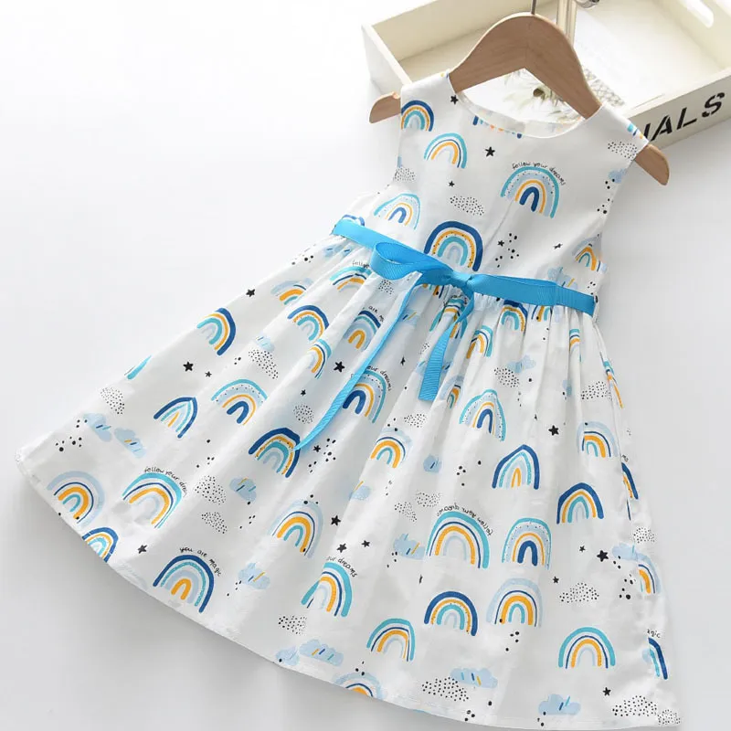 Summer Sleeveless Girls Dress Children's Rainbow Print Bow Party Princess 3-8 Years Old Cute Girl Clothes 210515