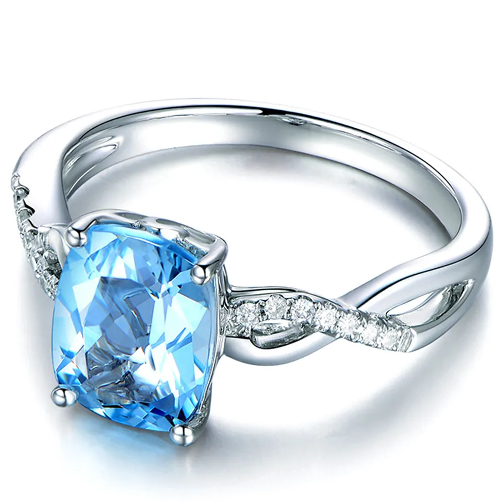 Square Aquamarine Gemstones Zircon Diamantes Anéis Para Mulheres Cristal Azul Branco Ouro Prata Color Jóias Bagua Bijoux Presentes