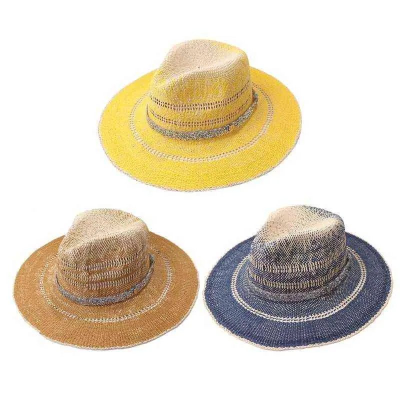 Frauen Stroh Panama Fedora Sonnenhut Farbverlauf Strass Kette Sonnenschutz Strand Kappe A0NF G220301