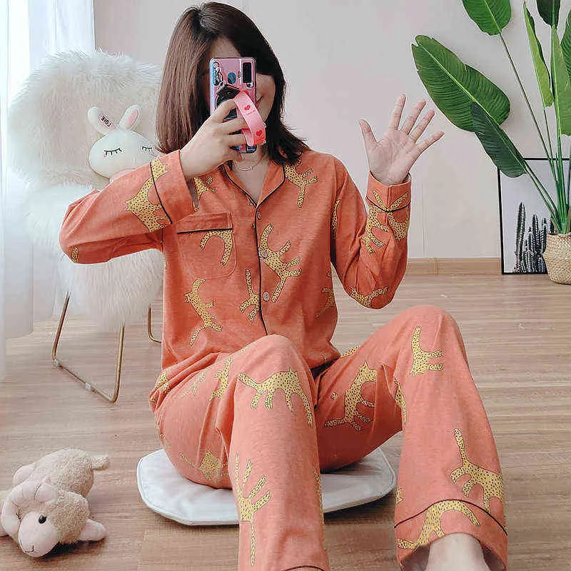 Japoński w stylu panie w 100% bawełniany kombinezon lampartowy Druk długotropeeved spodni piżamowy garnitur wiosny jesień zima usługa domu kobiety 211111