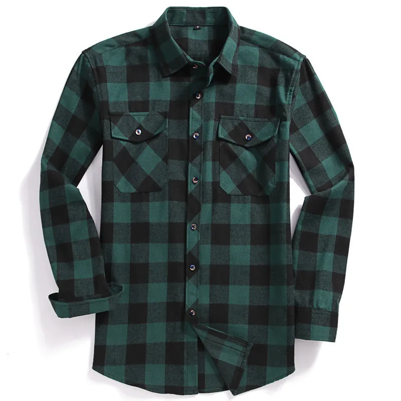 2022 Men Casual Plaid Flannel Shirt Long-Sleeved Chest Two Pocket Design Fashion Printed-Button USA SIZE S M L XL 2XL 220222