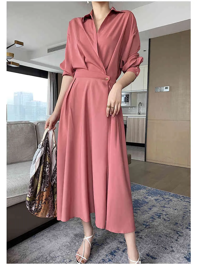 Lente elegante kantoor vrouwen chiffon jurk effen kleur vintage lange mouwen dames maxi a-lijn feme robe 210514