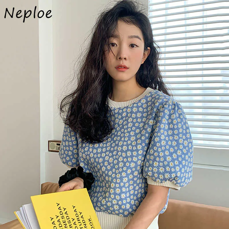 Neploe O Neck Pullover Puff Kurzarm Strickpullover Frauen Vintage Print Lose Pull Femme Frühling Sommer Outwear Sueter 210806