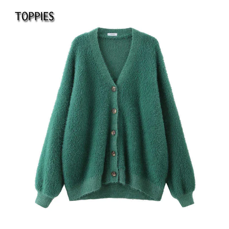 Toppies Winter Sweater Cardigan Women Faux Fur Knitted Button Green Warm Tops 211011