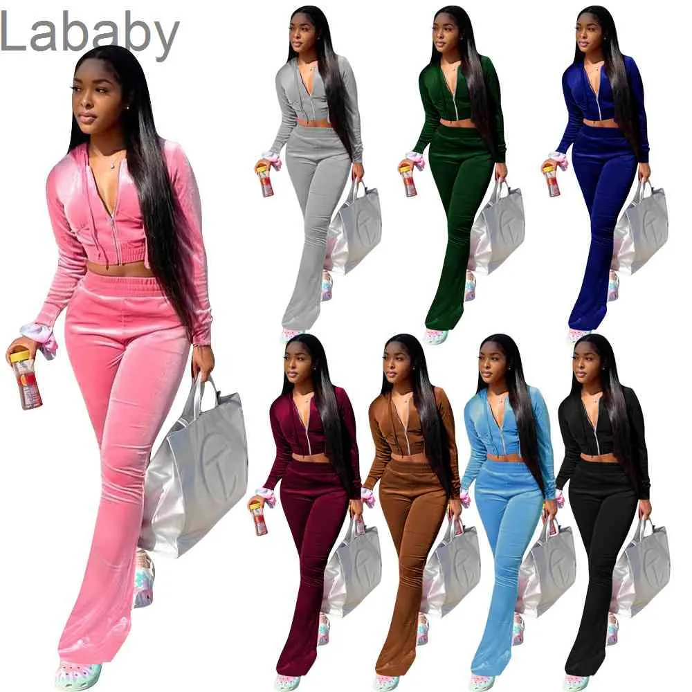 Femmes Tacksuits Deux Pièces Ensemble Designer Coréen Velours À Capuche Zipper Veste Pantalon Large Jambe Solide Couleur Loisirs Costumes Dames Sportwear