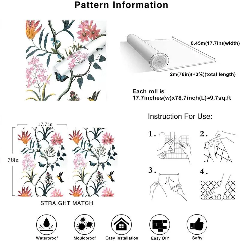 壁紙PVCピールアンドスティックビンテージホワイトフラワーバードバタフライセルフ接着壁紙キッドルームの壁の装飾家具RE279S