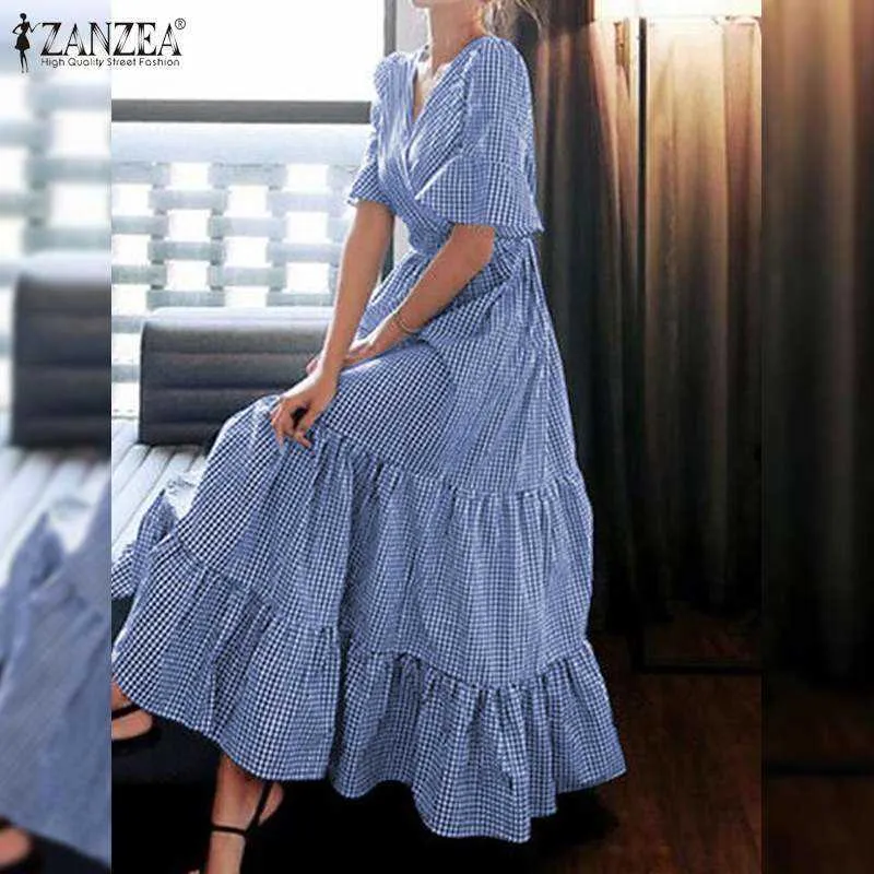 Taglie forti ZANZAE Vintage Abito da donna con volant 2021 Estate manica corta Maxi Abiti Casual scozzese Abito lungo estivo Abito da vacanza 7 Y0603