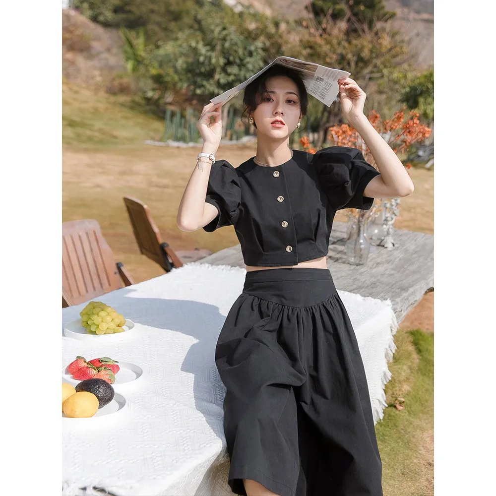 KOBOV Mulheres Conjuntos Coreano Primavera Verão Vintage Soltas Soltas Set Slow Sleeve Botão Tops e Pockets Casual Skirt Ternos 210430