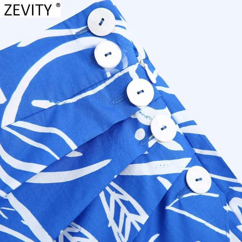 Zevity Women Vintage Pleats Design Floral Print Hem Irregular Skirt Faldas Mujer Female Side Zipper Buttons Mini Vestidos QUN791 210621