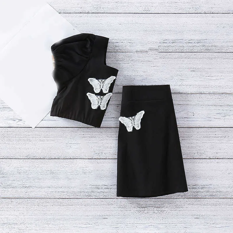ドレス夏の子供の服蝶の蝶の首の半袖トップ+スカートスーツの赤ちゃん女の子服女の子210528