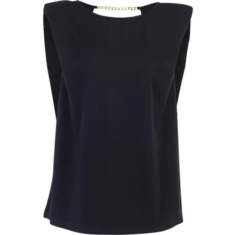 Women Sleeveless T-shirt Backless Chain Decorated Cotton and Polyester Solid Color Elegant Fashion Round Neck 210522