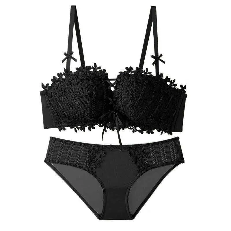 Sexy dentelle florale lingerie ensemble push up soutien-gorge femmes confort ajusté soutien-gorge et culotte ensemble dos nu sans fil sous-vêtements sans couture bralette 211104