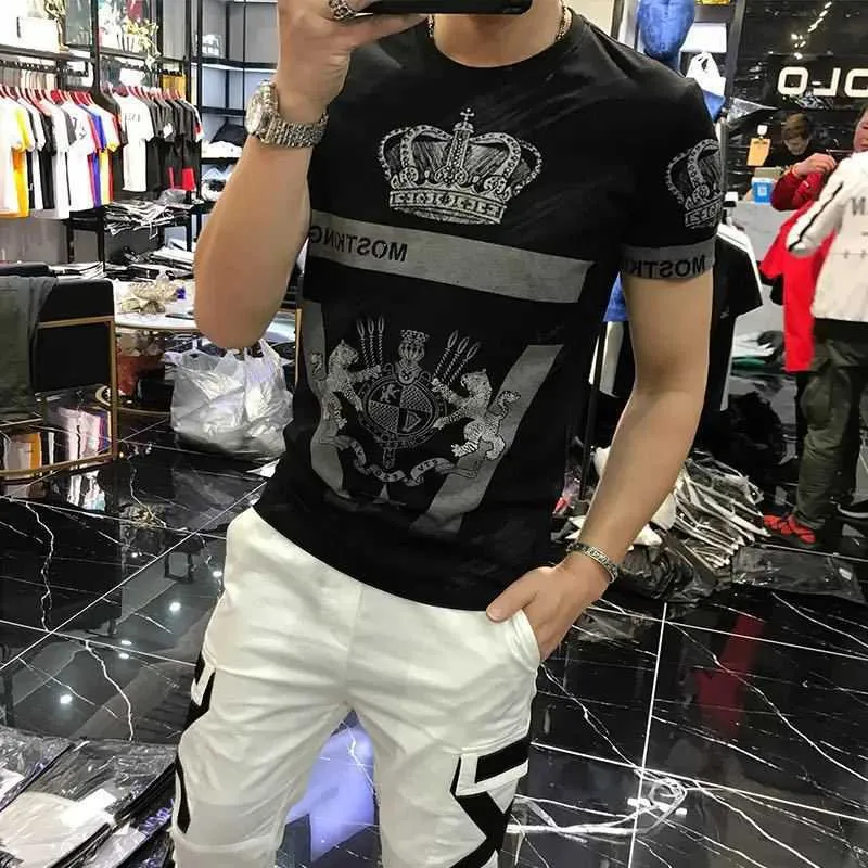 Luxury Crown Print Men's T-shirt Summer Short Sleeve T Shirt O-neck Casual T-Shirt Streetwear Men Clothes Plus Size 4XL 210527