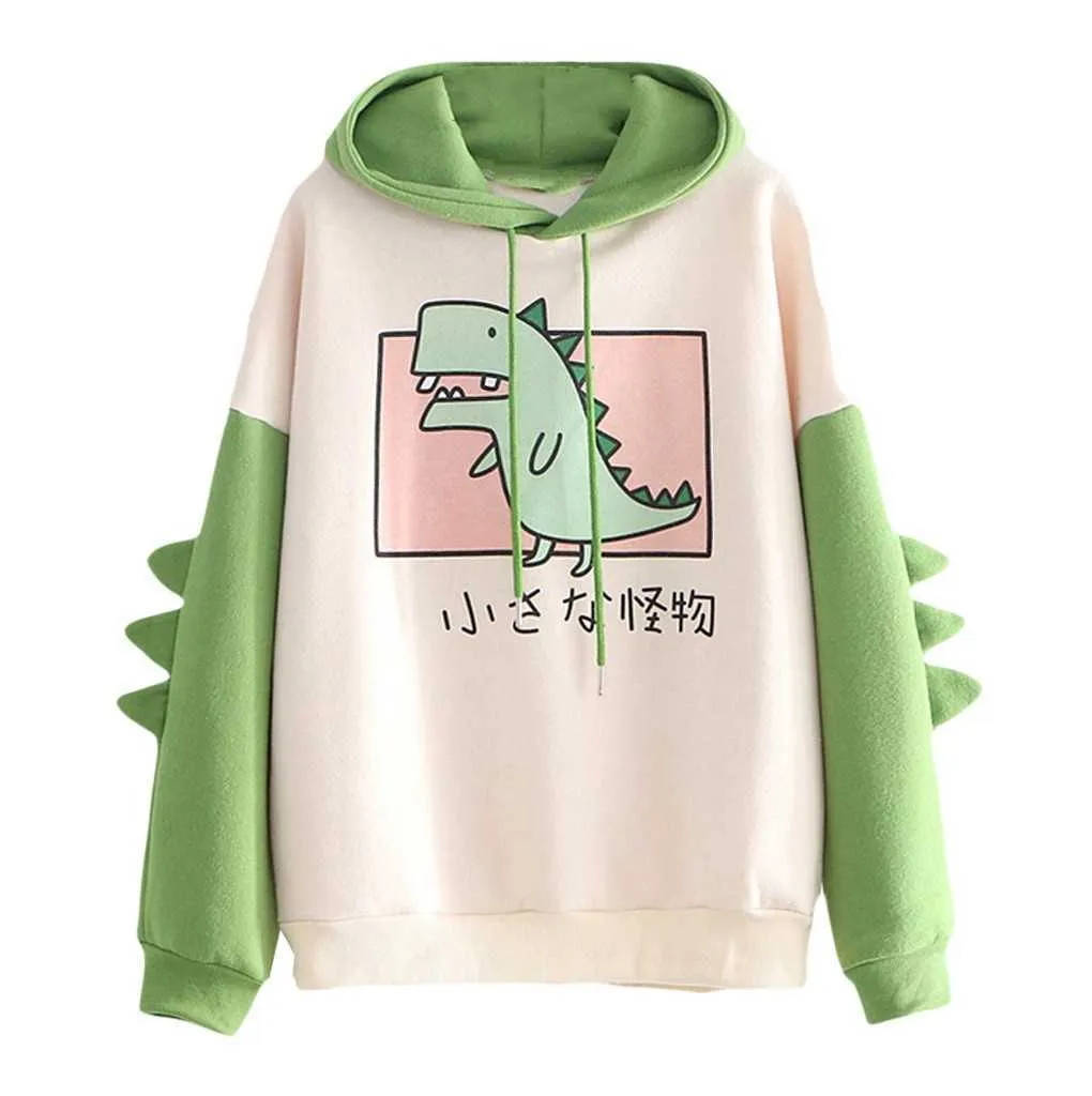 SONDR Nette Cartoon Mode Frauen Sweatshirt Casual Druck Langarm Splice Dinosaurier Hoodies Sweatshirt Tops ropa mujer 210721