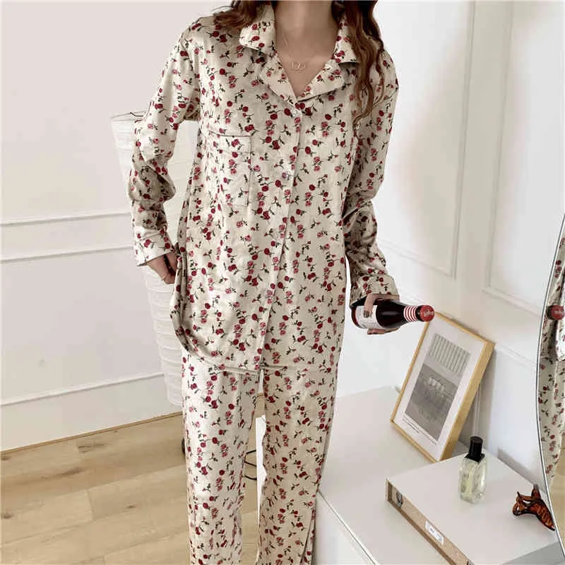 Floral impressão nightwear doce doce macio chique chique dois peça terno casual homewear solto moda pijama conjuntos 210525