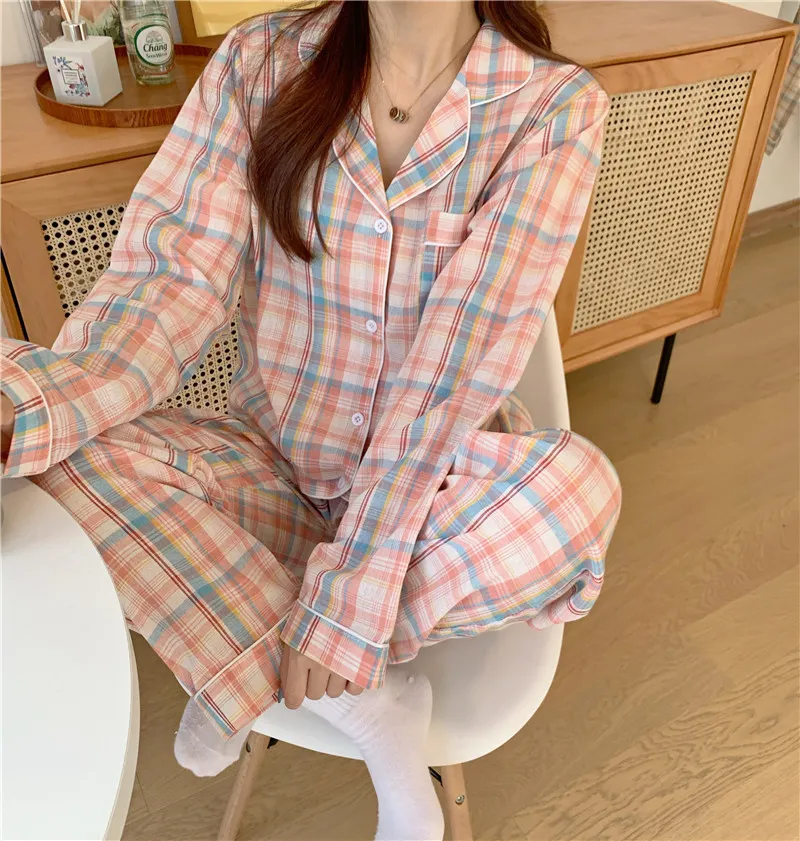 Sweet Sleepwear Warm Cute Plaid Gentle Two-Piece Outwear Suits Ställer Chic Women Soft Loose Pyjamas Hemkläder 210525