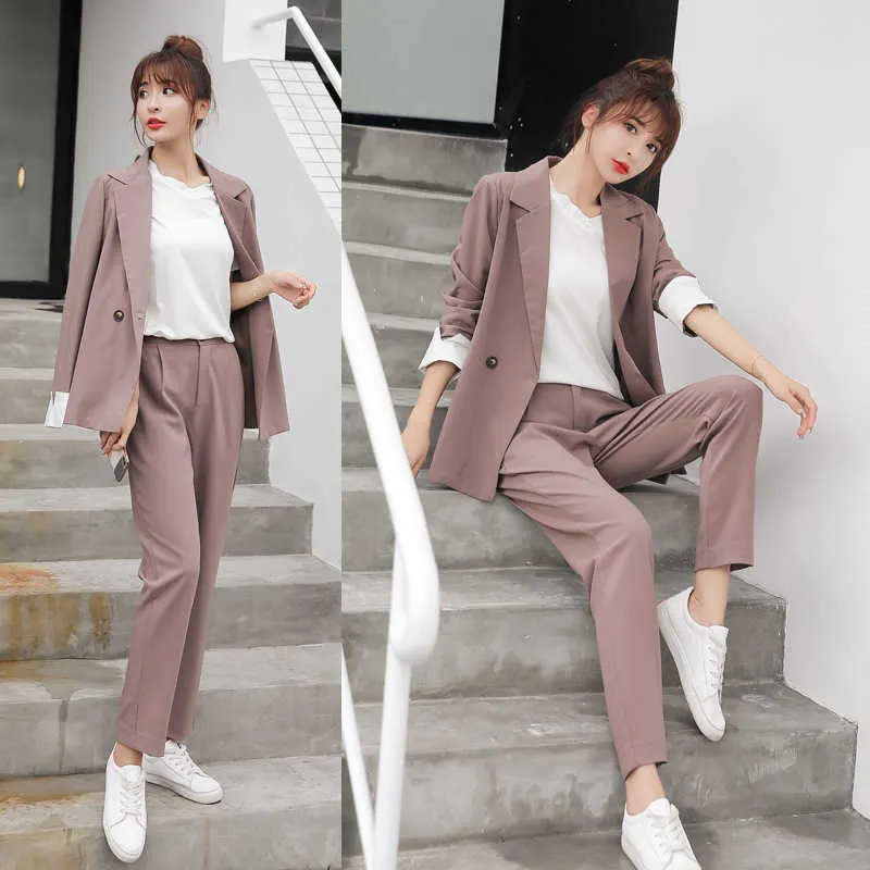 autumn casual ladies suit pants two-piece Korean fashion loose gray jacket female Elegant trousers for women 210527