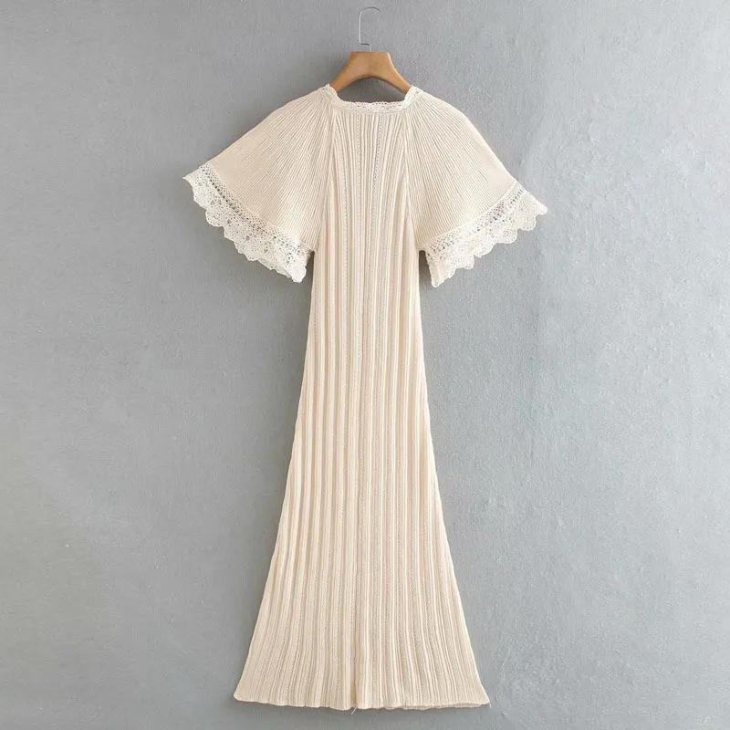 Zomer vrouwen kant breien jurk korte mouw strikje O-hals hoge elasticiteit es vrouwelijke elegante straat vestidos 210513