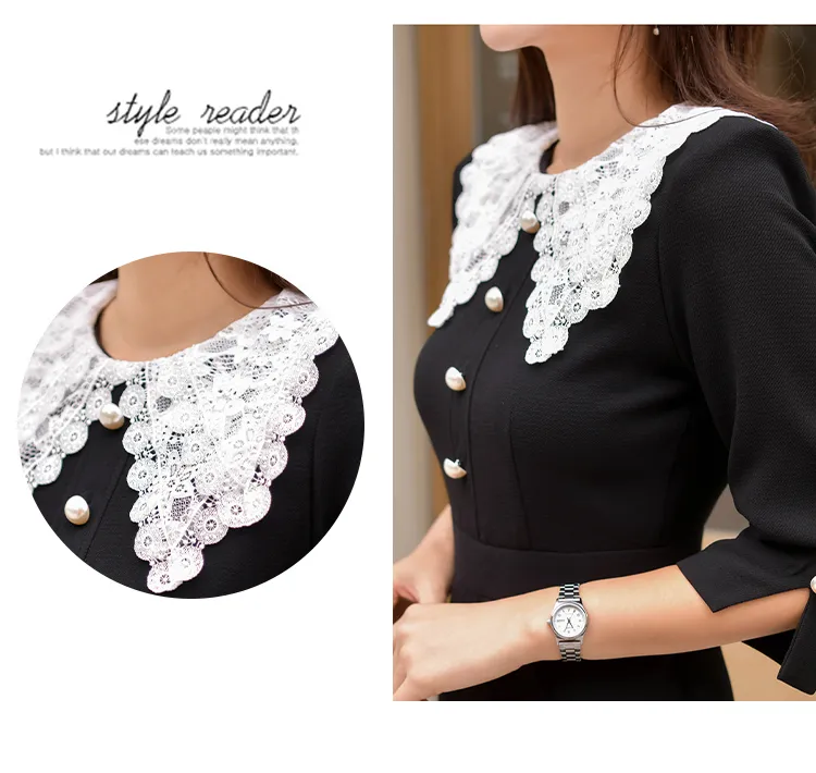 Elegant Vintage Kant Patchwork Peter Pan Collar Zwart Potlood Jurk Zomer Office Ol Pearl Button Slanke Bodycon Feestjurk 210518