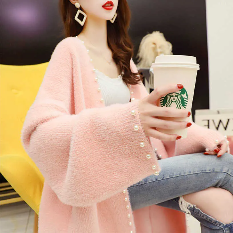 H.SA Winter Long Knitted Sweater Cardigans V neck Cashmere Soft Pearl Beading Knit Oversized Knitted Jacket Korean Coat 210716