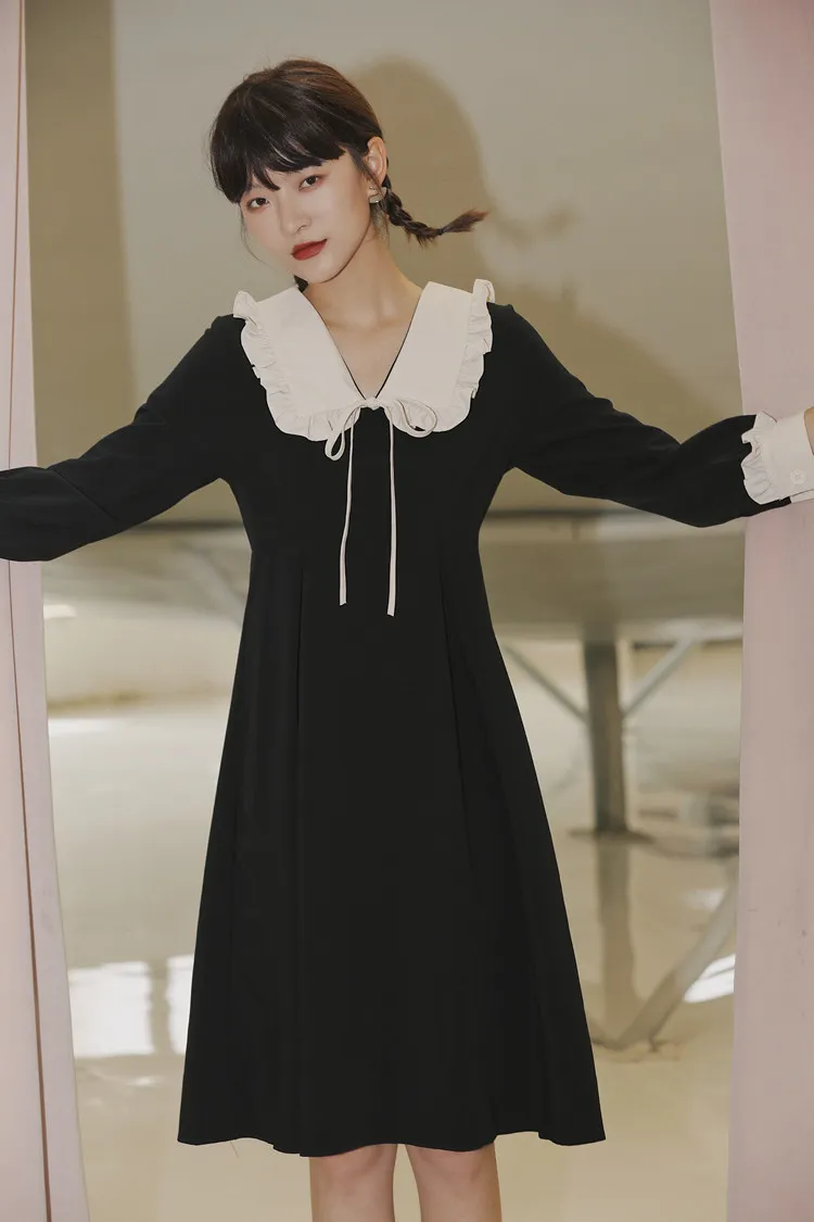 Col claudine noir à manches longues automne robe femmes à volants une ligne genou longueur tunique mode coréenne vêtements 210427