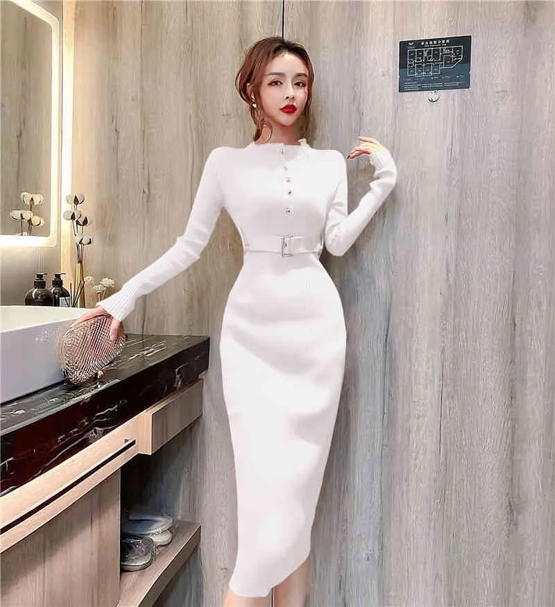 Kobiety Wiosna Jesień Dzianiny Bodycon Midi Dress Casual Sexy Z Długim Rękawem Kobieta Elegancka Slim Moda Dresses Vestido 210520