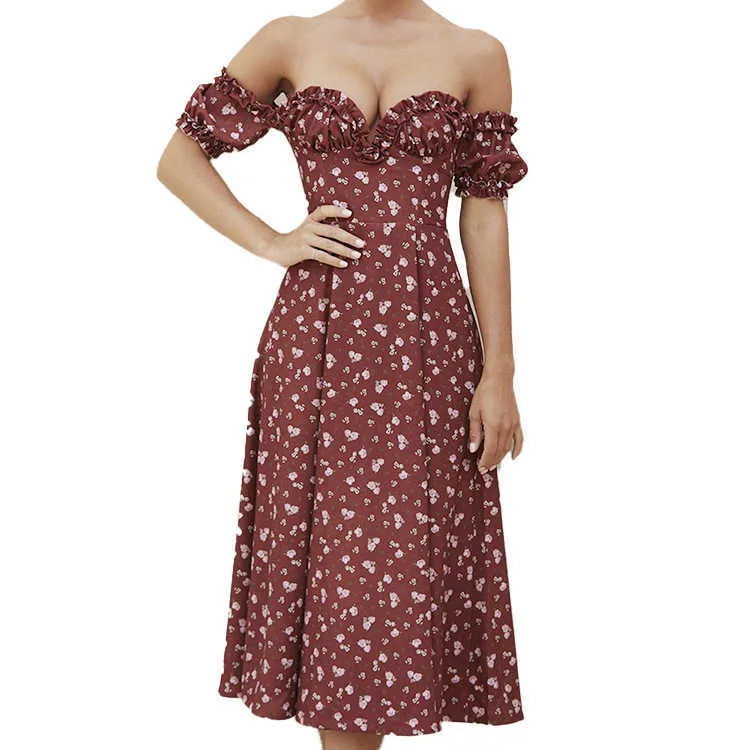 Pink Floral Midi Dress Women Sexy Off Shoulder Ruffle Long Dresses Summer Vintage Strapless Tunic Side Split Print Beach 210526