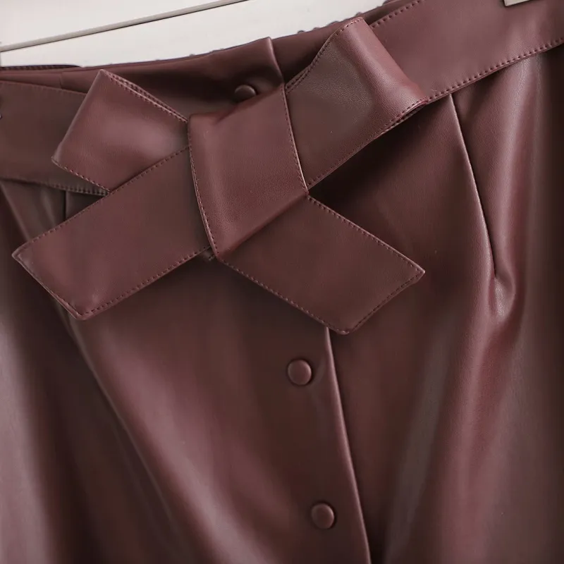 Vinatge Woman Burgundy Leather Thick Stretchy Skirts Autumn Winter Fashion Ladies Pu Straight Skirt Female Button 210515