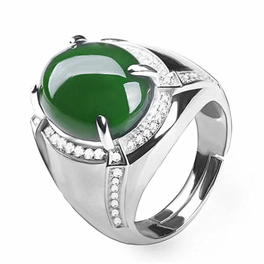 Mode grön jade smaragd ädelstenar diamanter ringar för män vit guld silver färg bague smycken bijoux party tillbehör gåvor