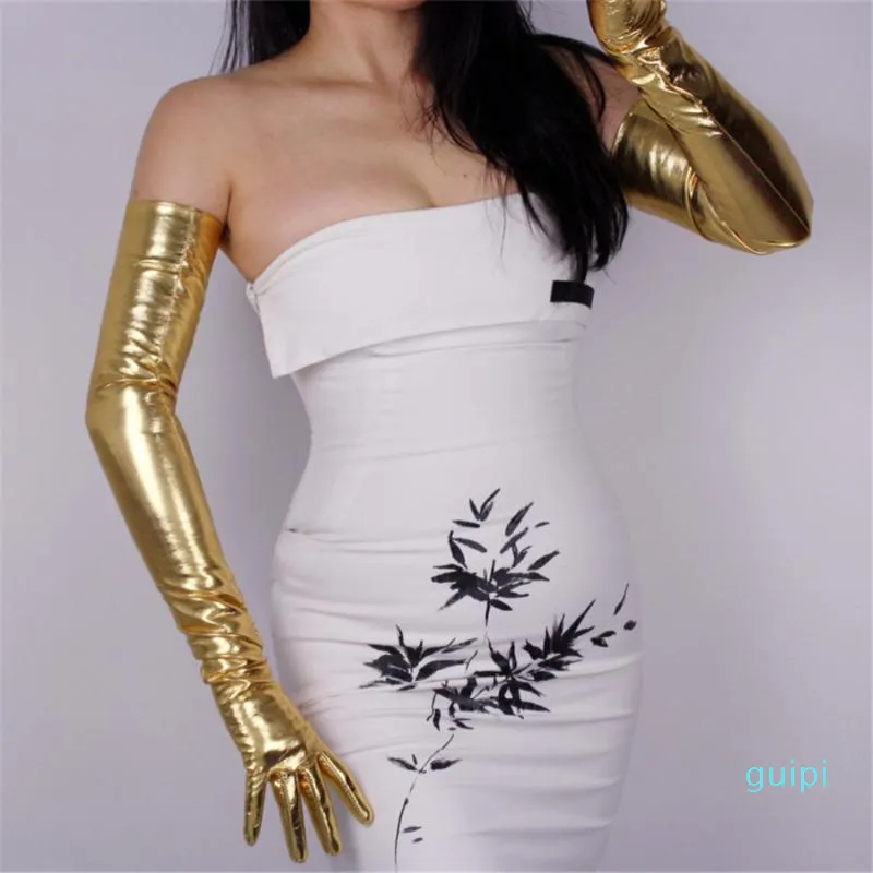 Five Fingers Gloves Patent Leather 28cm Medium Length Super Bright Mirror Gold Elastic PU Simulation QPJS281324f